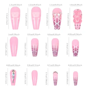 Size chart for pink press-on nails with 3D bears and bows across twelve different dimensions