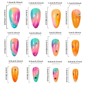 3D rhinestone almond press-on nails with colorful gradient flame textures and size chart
