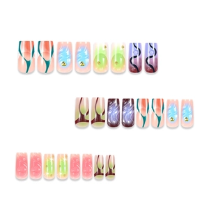 3D heart cat eye press-on nails set with long trapezoid shape and metallic accents