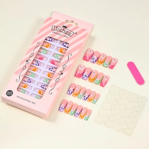 Coffret de faux ongles carrés à fleurs colorées avec strass et kit de manucure