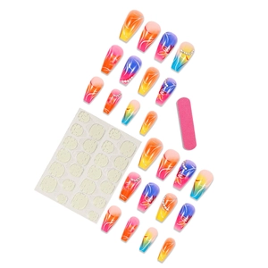 Colorful gradient coffin press-on nails with flower patterns and rhinestone details