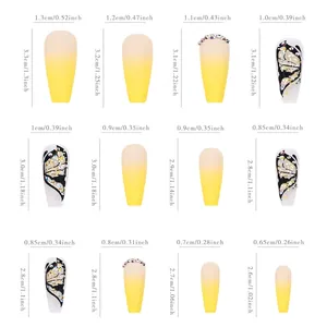 Size guide for long gradient glitter press-on nails with butterfly and rhinestone accents