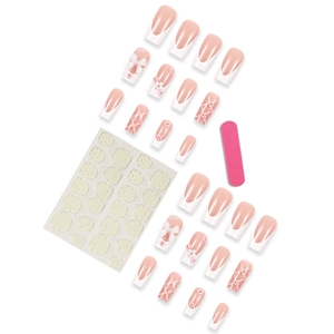 Detailed set of 3D bowknot press-on nails with camellia and pearl accents in French style