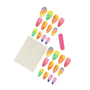 Colorful flame pattern almond press-on nail set with jelly glue and nail file kit