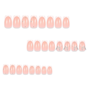 3D butterfly French press-on nails with pink base and silver rhinestone accents