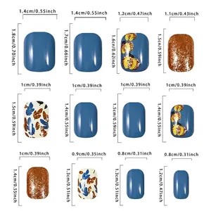 Detailed size chart for Thanksgiving pumpkin leaf press-on nails in 12 various sizes