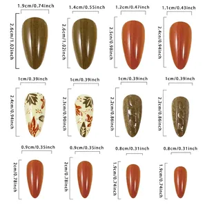 Size guide for maple leaf theme almond press-on nails with width and length dimensions
