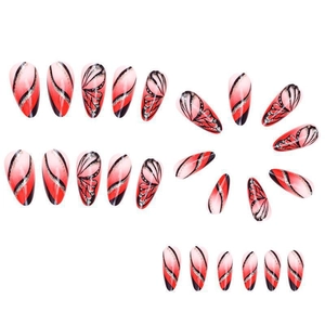 Detail of almond-shaped press-on nails with red-black gradient and butterfly wing patterns