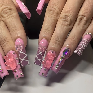 Pink Long Coffin Press On Nails With 3D Resin Bear Bowknot Rhinestone Handmade Sweet Style Fake Nails