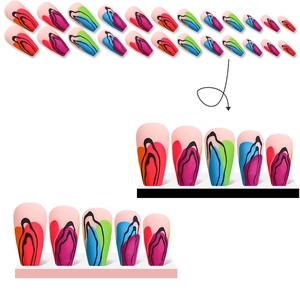 Detail of matte coffin press-on nails with colorful abstract hand-painted graffiti design