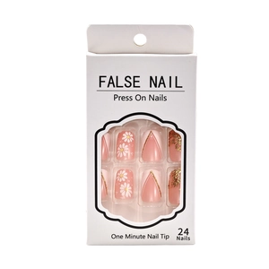 Press-on nail kit with daisy patterns and glitter gradient in 24-piece retail packaging