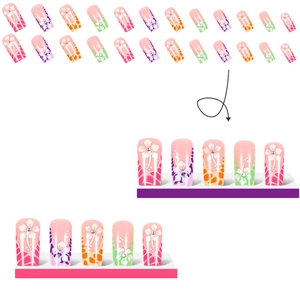 Faux ongles colorés avec motifs floraux, strass et design géométrique style français