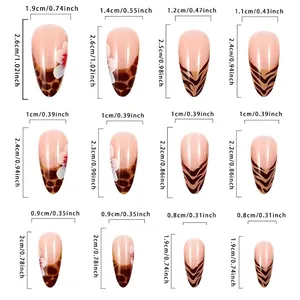 Size chart showing 12 sizes of leopard print French almond press-on nails with measurements