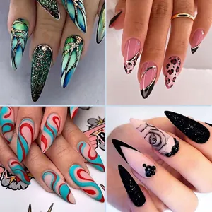 Press On Nails Plastic Long Almond Stiletto Shape French Colorful Wave Leopard Butterfly Design For Women Full Cover