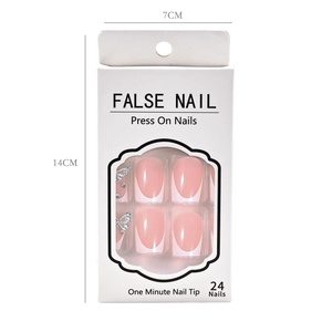 Detailed view of French press-on nails with 3D butterflies and size measurements