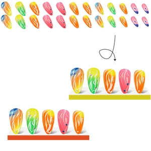 Medium almond press-on nails with colorful gradients, flame patterns, and rhinestones