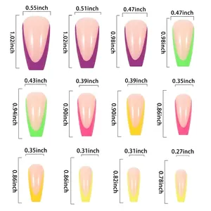 Size guide for French press-on nails showing 12 different width and length dimensions