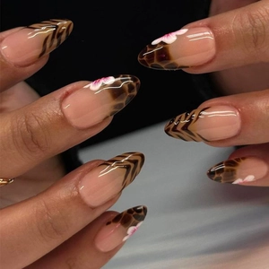 Leopard Print Press On Nails French Almond Shape Fake Nails With Flower Patterns Nude Pink Brown Nail Art For Women Girls