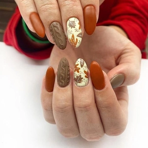 Almond Shape Press On Nails Autumn Maple Leaf Thanksgiving Patchwork Matte Sweater Texture Removable Artificial Nails