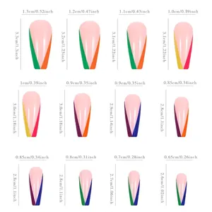 Size chart for long almond press-on nails with 12 sizes from 0.65cm to 1.3cm wide