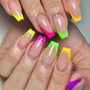 Press On Nails French Style Neon Colorful Tips Coffin Shape Medium Long False Nails With Jelly Glue And Nail File For Women