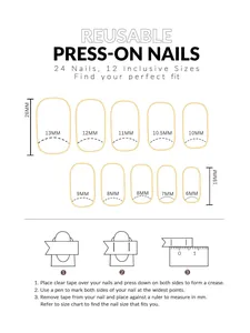 Size guide for reusable press-on nails showing 12 sizes and easy measurement steps