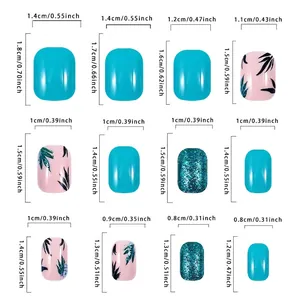 Faux ongles courts avec motifs feuilles vertes et paillettes bleues guide tailles