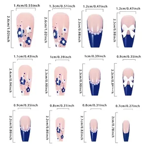 Blue French press-on nails set with 3D bows, pearls, and size guide chart