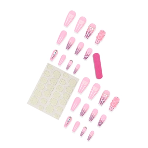 Pink press-on nail kit with 3D teddy bears, bows and rhinestones on white background