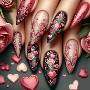 Rosen Herz Press On Nägel Gotische Lange Stiletto Künstliche Nägel Mit Gelee Kleber Und Nagelfeile Vintage Romantisches Blumenmuster
