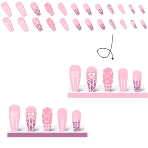 Pink gradient long coffin press-on nails with 3D bears and bow accents set