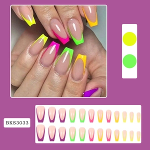 Neon French tip coffin press-on nails set with vibrant multi-color fluorescent edges