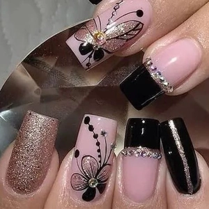 Black French Press On Nails With Butterfly Pattern Rhinestone Glitter Long Coffin Shape Sweet Cool Manicure For Women