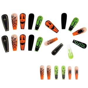 Halloween coffin press-on nails with pumpkin, spider web, and black cat festive designs