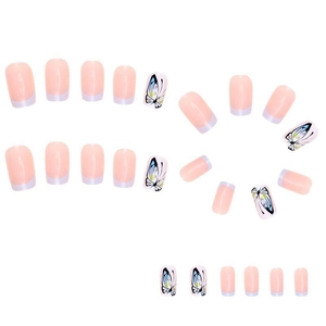 Detailed set of blue butterfly press-on nails with classic French tips design