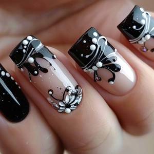 Französische Eckige Drucknägel Dunkle Blumen Polka Dot Swirl Design Vollabdeckung Abnehmbare Künstliche Nägel