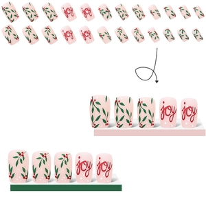 Unghie finte opache corte con base rosa, foglie verdi e scritta joy rossa