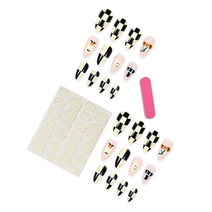 Halloween checkerboard ghost press-on nails set with pink file and adhesive tabs