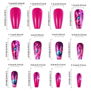 Tableau des tailles pour faux ongles avec motifs rose rouge et plumes de paon chic