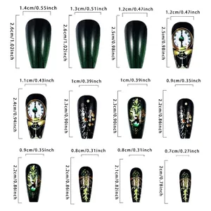 Detailed size chart for vintage black clock pattern press-on nails in 12 various dimensions