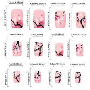 Size chart for floral peach blossom press-on nails with 12 pieces and measurements