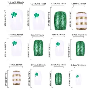 Size chart for St. Patrick's clover press-on nails with green glitter and gold stripes