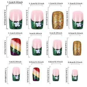 Guide des tailles pour faux ongles French vert trèfle de la Saint-Patrick en 12 tailles