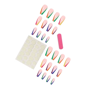 Rainbow V-shaped French tip press-on nails set with long coffin shape and DIY tools