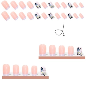 French tip press-on nails with blue butterfly patterns and pink base color