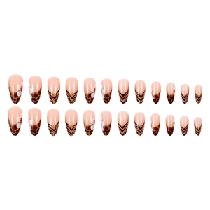 French almond press-on nails set with brown leopard print and white floral designs