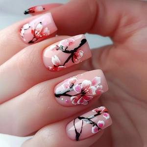 Cherry Blossom Press On Nails French Pink Gradient Fake Nails Artificial Manicure With Jelly Glue Nail File For Women