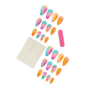 3D rhinestone almond fake nails with colorful gradient ombre and water ripple texture