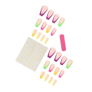 French press-on nails set with colorful tips including adhesive pads and a nail file