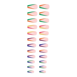 24pcs long coffin press-on nails with colorful V-shape French tips and pink base